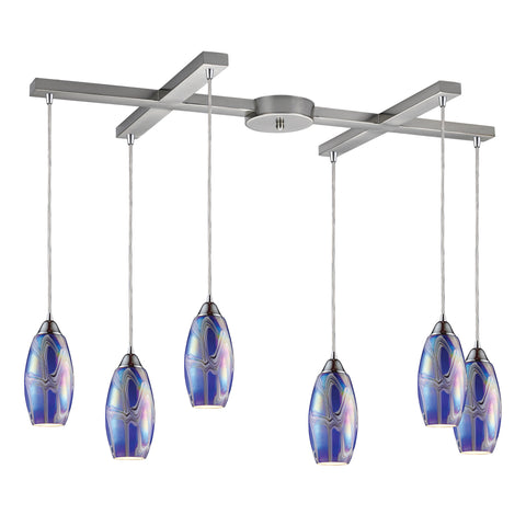 Iridescence 6-Lt Storm Blue Chand Satin Nickel Glass Vintage Fixture Pendant