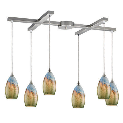 Geologic 6-Lt Chand Satin Nickel Light Glass Vintage Fixture Ceiling Pendant