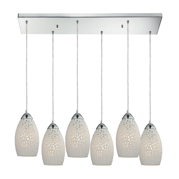 Etched Glass 6-Light Polished Chrome with White Etched Glass Mini Pendant