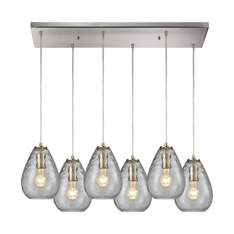 Lagoon 6-Light Rectangle Satin Nickel with Clear Water Glass Pendant