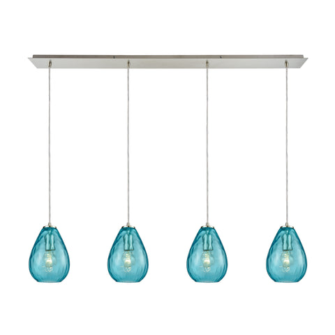 Lagoon 4-Light Linear Pan Satin Nickel with Aqua Water Glass Pendant