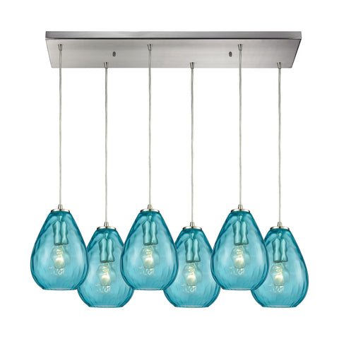 Lagoon 6-Light Rectangle Satin Nickel with Aqua Water Glass Pendant