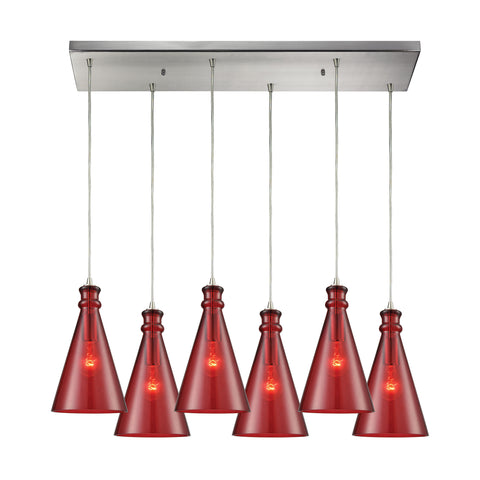 Parson 6-Light Rectangle Satin Nickel with Wine Red Glass Vintage Pendant