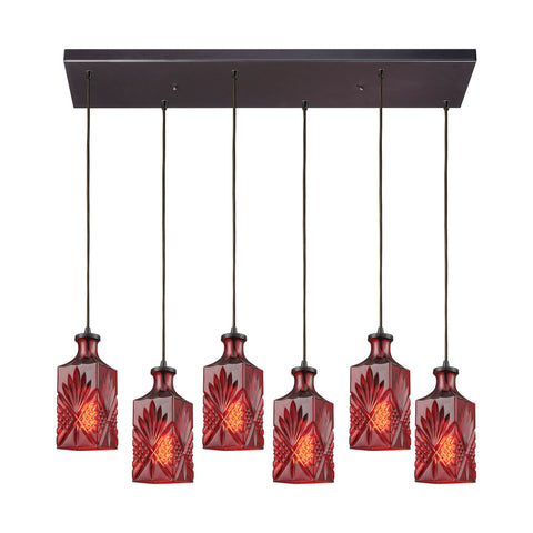 Giovanna 6-Light Rectangle Oil Rubbed Bronze Wine Red Decanter Glass Pendant