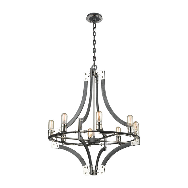 Riveted Plate 8-Light Silverdust Iron and Polished Nickel Light Chandelier