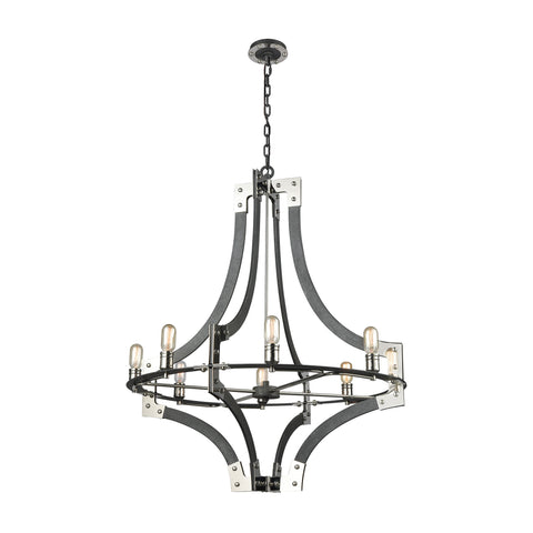 Riveted Plate 8-Light Silverdust Iron and Polished Nickel Light Chandelier