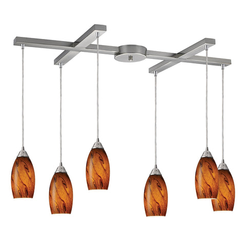 Galaxy 6-Lt Brown Chand Satin Nickel Light Glass Vintage Fixture Ceiling Pendant