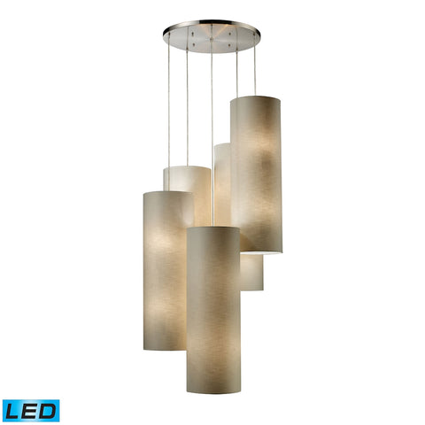 Fabric Cylinder 20-Light Pendant Satin Nickel 5 Beige Fabric Drum Chandelier