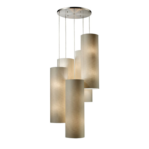 Fabric Cylinder 20-Light Pendant Satin Nickel 5 Beige Fabric Drum Chandelier