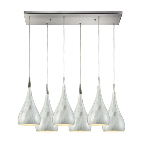 Lindsey 6 Light Rectangle Satin Nickel with Marble Print Shade Glass Pendant