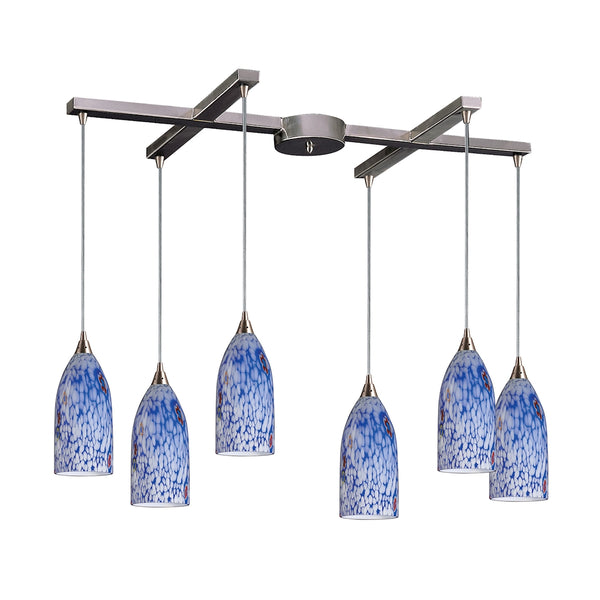 Verona Collection 6 Lt H-Bar Starburst Blue Glass Satin Nickel Light Pendant