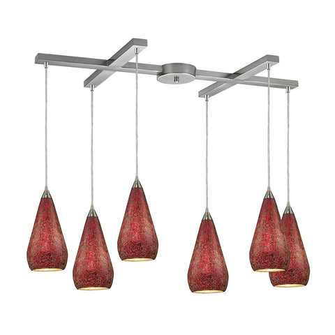 Curvalo 6-Light Crackled Ruby Satin Nickel Glass Vintage Fixture Ceiling Pendant