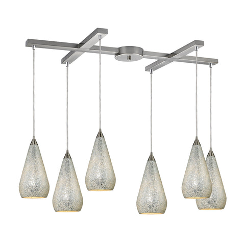 Curvalo 6-Light Crackled Silver Satin Nickel Glass Vintage Fixture Pendant