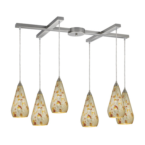 Curvalo 6-Light Crackled Silver Multi Satin Nickel Glass Vintage Fixture Pendant