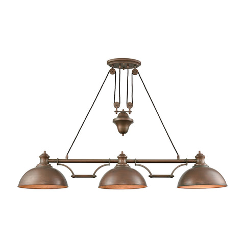 Farmhouse 3-Light Pulldown Light Tarnished Brass Glass Vintage Island Light